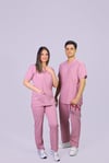 Pembe  Lüks Likrali Klasik Unisex Overlock Paça Cerrahi Üniforma Takım 