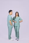 Su Yeşili Lüks Likrali Klasik Unisex Overlock Paça Cerrahi Üniforma Takım