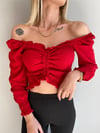  Kadın Ön Büzgü Leopar  Uzun Kollu Madonna Yaka Crop Bluz
