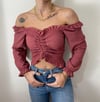  Kadın Ön Büzgü Leopar  Uzun Kollu Madonna Yaka Crop Bluz