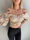  Kadın Ön Büzgü Leopar  Uzun Kollu Madonna Yaka Crop Bluz