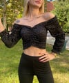  Kadın Ön Büzgü Leopar  Uzun Kollu Madonna Yaka Crop Bluz