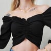  Kadın Ön Büzgü Leopar  Uzun Kollu Madonna Yaka Crop Bluz