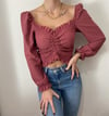  Kadın Ön Büzgü Leopar  Uzun Kollu Madonna Yaka Crop Bluz
