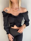  Kadın Ön Büzgü Leopar  Uzun Kollu Madonna Yaka Crop Bluz