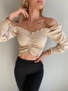  Kadın Ön Büzgü Leopar  Uzun Kollu Madonna Yaka Crop Bluz