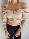  Kadın Ön Büzgü Leopar  Uzun Kollu Madonna Yaka Crop Bluz
