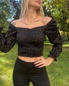  Kadın Ön Büzgü Leopar  Uzun Kollu Madonna Yaka Crop Bluz