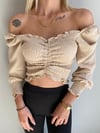  Kadın Ön Büzgü Leopar  Uzun Kollu Madonna Yaka Crop Bluz