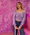  Kadın Ön Büzgü Leopar  Uzun Kollu Madonna Yaka Crop Bluz