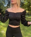  Kadın Ön Büzgü Leopar  Uzun Kollu Madonna Yaka Crop Bluz