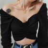 Kadın Ön Büzgü Leopar  Uzun Kollu Madonna Yaka Crop Bluz