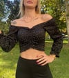  Kadın Ön Büzgü Leopar  Uzun Kollu Madonna Yaka Crop Bluz