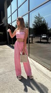 Kadın Çizgili Beli Lastikli Pantolon Crop Takım 