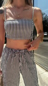 Kadın Çizgili Beli Lastikli Pantolon Crop Takım