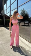 Kadın Çizgili Beli Lastikli Pantolon Crop Takım 