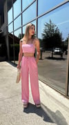 Kadın Çizgili Beli Lastikli Pantolon Crop Takım 
