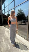 Kadın Çizgili Beli Lastikli Pantolon Crop Takım