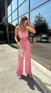 Kadın Çizgili Beli Lastikli Pantolon Crop Takım 