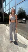 Kadın Çizgili Beli Lastikli Pantolon Crop Takım