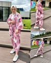 kadın desenli renkli pantolon kimono takımı