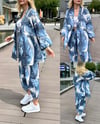 kadın desenli renkli pantolon kimono takımı
