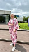 kadın desenli renkli pantolon kimono takımı