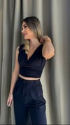 Kadın Gipeli V Yaka Lacivert Crop Bluz