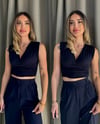 Kadın Gipeli V Yaka Lacivert Crop Bluz