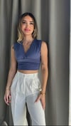 Kadın Gipeli V Yaka Mavi Crop Bluz