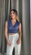 Kadın Gipeli V Yaka Mavi Crop Bluz