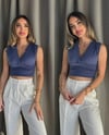 Kadın Gipeli V Yaka Mavi Crop Bluz