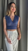 Kadın Gipeli V Yaka Mavi Crop Bluz