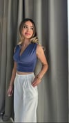 Kadın Gipeli V Yaka Mavi Crop Bluz