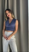 Kadın Gipeli V Yaka Mavi Crop Bluz