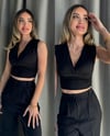 Kadın Gipeli V Yaka Siyah Crop Bluz