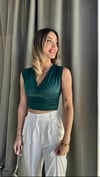 Kadın Gipeli V Yaka Yeşil Crop Bluz