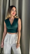 Kadın Gipeli V Yaka Yeşil Crop Bluz