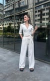 Kadın Kuşak Bağlama Yarım Kol Gömlek Pantolon Takım