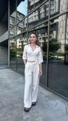 Kadın Kuşak Bağlama Yarım Kol Gömlek Pantolon Takım