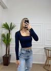 Kadın lacivert pamuklu kumaş kare yaka crop body