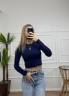 Kadın lacivert pamuklu yumuşak kumaş bisiklet yaka crop body