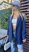 kadın oversize uzun çizgili blazer ceket