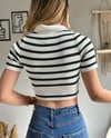 kadın polo yaka çizgi desen triko crop bluz
