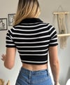 kadın polo yaka çizgi desen triko crop bluz