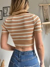 kadın polo yaka çizgi desen triko crop bluz