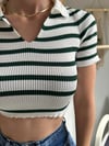 kadın polo yaka çizgi desen triko crop bluz