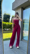 Kadın Sandy Kumaş Bordo Straplez Crop Pantolon Takım