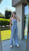 Kadın Sandy Kumaş Gri Straplez Crop Pantolon Takım