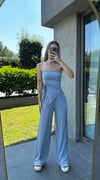 Kadın Sandy Kumaş Gri Straplez Crop Pantolon Takım